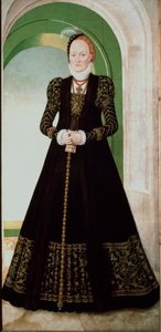 アンネ・オブ・デンマーク（1532-1585）の肖像 ザクセン選帝侯アウグストの妻（1526-1586） ルーカス・クラナッハの絵画（1515-1586） 1565年 日。215x104 cm ウィーン美術史博物館 作： Lucas the Younger Cranach
