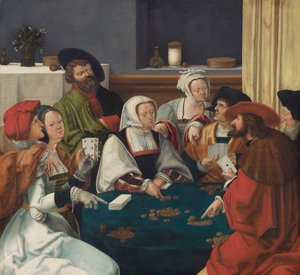 カードプレーヤー、おそらくc.1550-99（キャンバスに油彩） 作： Lucas van (after) Leyden