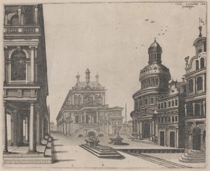 列柱と円形の建物のある宮殿の一角 作： Lucas van Doetechum and Johannes