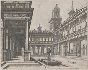 長方形盆地の噴水のある宮殿の中庭 作： Lucas van Doetechum and Johannes