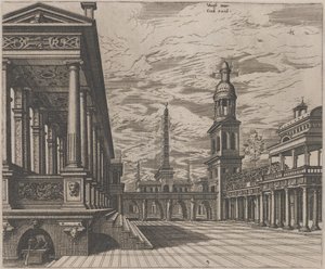 左にコロネードのある町の広場 作： Lucas van Doetechum and Johannes