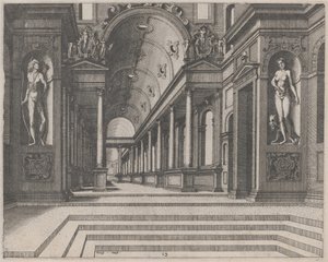 コリント式の柱とアポロ、メルポメネ、モーセの像がある教会での眺め 作： Lucas van Doetechum and Johannes