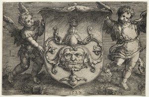 二人の精霊に支えられた仮面の盾 作： Lucas van Leyden