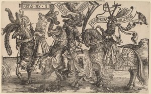 アーサー、シャルル大帝（シャルルマーニュ）、ブイヨンのゴッドフリー 作： Lucas van Leyden