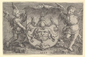 2つのGenii、1527年によって開催されたマスクの紋章。 作： Lucas van Leyden