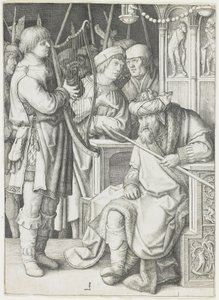 ソールの前でハープを弾くデビッドc。 1508 作： Lucas van Leyden