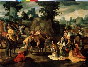 デビッドとアビゲイル（アビガエル、アビゲイル）。 ルーカス・ファン・ライデン (1489/94-1533) による絵画。 木に油彩。 ルネッサンス ロー カントリー アート。 西洋と東洋の美術館、オデッサ (ウクライナ)