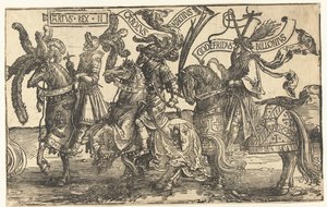 英雄のアーサー王、シャルルマーニュ、ブイヨンのゴッドフリー 九英雄（シリーズタイトル） 作： Lucas van Leyden
