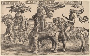 トロイのヘクター、マケドニアのアレキサンダー、ユリウス・カエサル 作： Lucas van Leyden