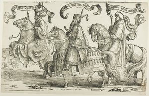 「イスラエルの十二王」より、プレート 3、エホラム、ウジヤ、ヨタム 作： Lucas van Leyden
