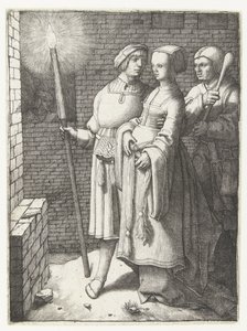 たいまつを持った若者、女と道化師 作： Lucas van Leyden