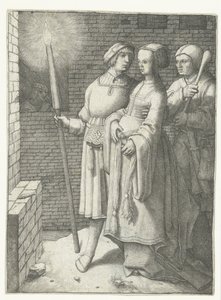 たいまつを持った若者、女と道化師 作： Lucas van Leyden