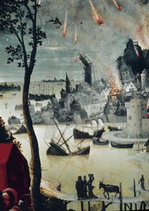 ロトとその娘たち、ソドムの破壊の詳細（パネルに油彩、1517年頃 作： Lucas van Leyden
