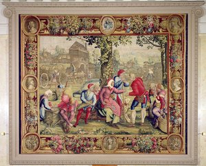 収穫者への支払い、Gobelins Workshop（tapestry） 作： Lucas van Leyden