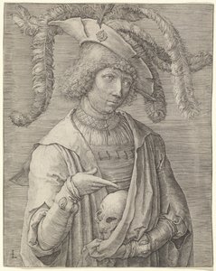 頭蓋骨を持つ若い男の肖像 作： Lucas van Leyden