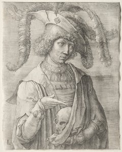 頭蓋骨を持つ若い男の肖像 作： Lucas van Leyden
