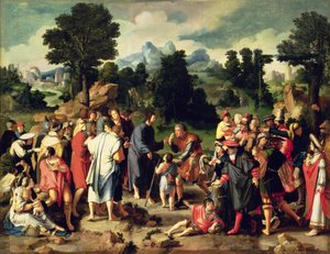 1531年の三連祭壇画の中央パネル、エリコの盲人の治癒（キャンバスに油彩がパネルから移された） 作： Lucas van Leyden