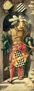 エリコの盲人の治癒、三連祭壇画の左側のパネル、常連客の紋章付きの戦士を示す、1531年（パネルから移されたキャンバス上の油） 作： Lucas van Leyden