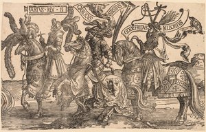 9人の英雄: アーサー王、カール大帝 (シャルルマーニュ)、ブイヨンのゴッドフリー 作： Lucas van Leyden