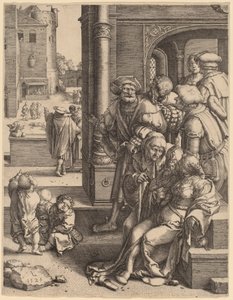 かごに吊るされた詩人ウェルギリウス 作： Lucas van Leyden