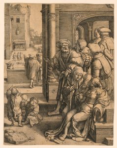 かごに吊るされた詩人ウェルギリウス 作： Lucas van Leyden