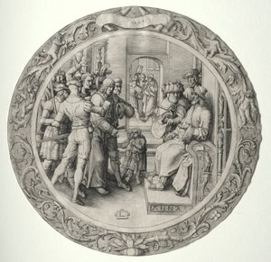 ラウンドパッション：大祭司の前のキリスト、1509年。 作： Lucas van Leyden
