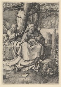 1523年、二人の天使を持つ聖母子。 作： Lucas van Leyden
