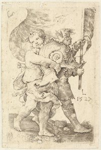 ヘルメットと標準を持った二人の少年、1527年。 作： Lucas van Leyden