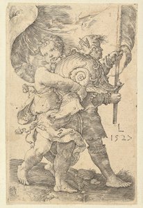 ヘルメットと標準装備の2人の少年、1527年。 作： Lucas van Leyden