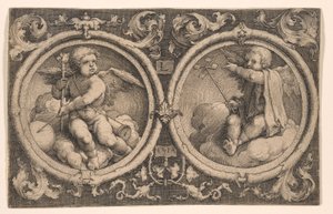 雲の上に座る2人のキューピッド 作： Lucas van Leyden