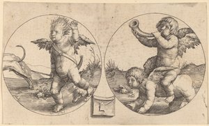 2 つの円の中の 2 つのキューピッド 作： Lucas van Leyden