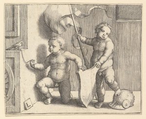 ブランクシールドを支える2人の裸の子供たち1510。
