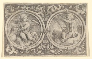 雲の中に座っている2人のプッティは、円の中にテンドリルを持っています 1517年 作： Lucas van Leyden