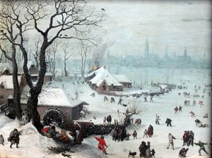 降雪のあるアントワープ近くの冬の風景 作： Lucas van Valckenborch