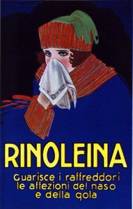 風邪、喉の痛み、咳止め薬リノレイナの広告。Lucien Achille Mauzan (1883 - 1952)によるイラスト。