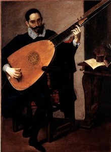 ドゥカーレ礼拝堂の音楽家ジェロラモ・ガッロの肖像 ルチアーノ・ボルツォーネ（1590-1645）の絵画 ゲネス、パラッツォ・ビアンコのガレリア 作： Luciano Borzone