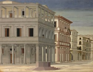 パネル上の80057オイルの1470の詳細の後の理想的な都市、または神の都市の眺め 作： Luciano Laurana