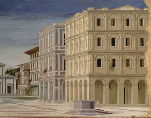 パネル上の80057オイルの1470の詳細の後の理想的な都市、または神の都市の眺め 作： Luciano Laurana