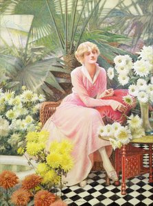 コンサバトリーで、1920年頃（紙に水彩） 作： Lucien Davis