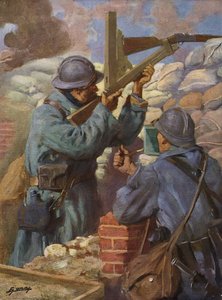 第一次世界大戦の塹壕で潜望鏡を備えた特別に改造された狙撃銃を使用するフランスの兵士