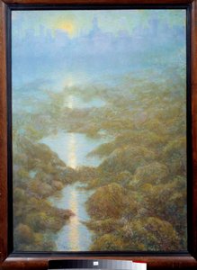 「母はある晩、イースの街を見た。霧と川の風景 作： Lucien Levy Dhurmer