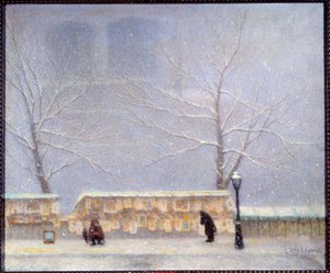 雪の降る中、左岸から見たノートルダム寺院（油彩・キャンバス） 作： Lucien Levy Dhurmer