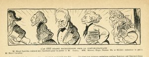 04/01/13のLe Rire紙に掲載されたイラスト - 1913年...- 演劇、コメディ・フランセーズ - ユゴー・ヴィクトル、デュマ・アレクサンドル、ラヴェダン・アンリ（1859-1940）、ギトリ・シャシャ、ミュッセ・アルフレッド、モリエール（彫版