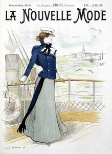 セーリング：ボートのデッキにいる女性 - L. メティヴェのドローイング、"La Nouvelle Mode "より 作： Lucien Metivet