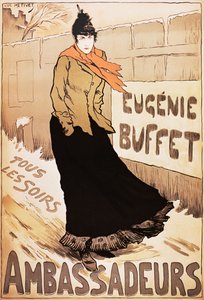 雪の中を歩くフランス人歌手ユージェニー・ブフェのヴィンテージポスター 作： Lucien Metivet