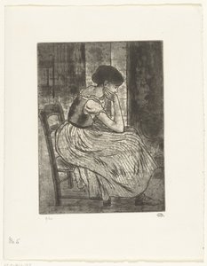 火のそばに座っている若い女性 作： Lucien Pissarro