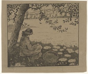 牧草地の木の下の女の子 作： Lucien Pissarro
