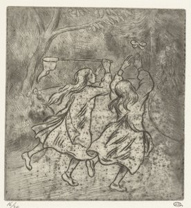 蝶を捕まえる 2 人の女の子 作： Lucien Pissarro