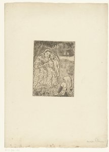 牧草地で 2 人の女の子を持つ女性 作： Lucien Pissarro