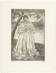 扇風機を持つ女性 作： Lucien Pissarro